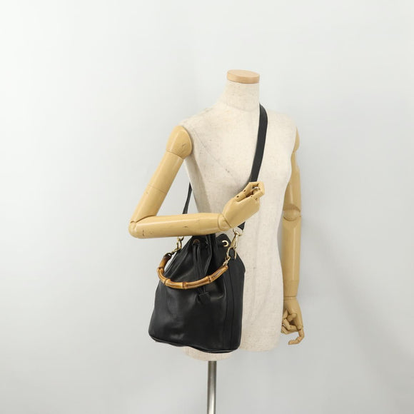 GUCCI Bamboo Purse Shoulder Bag Leather 2way Black Gold Auth 180223
