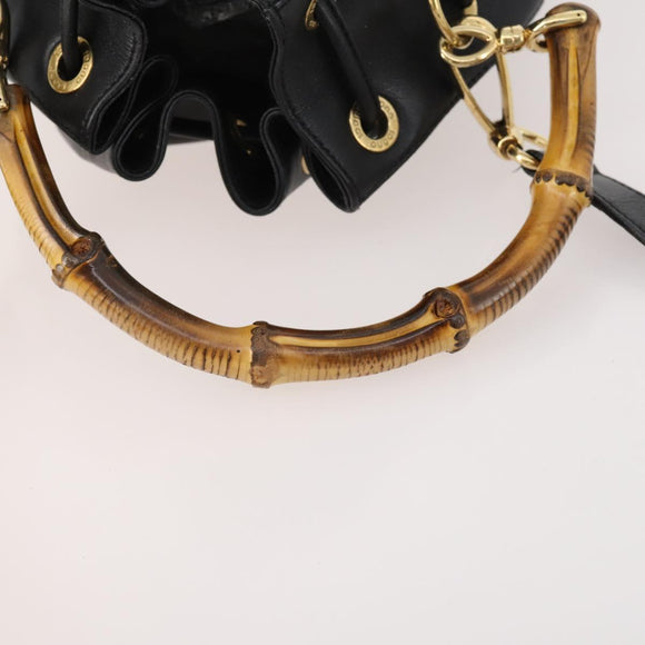 GUCCI Bamboo Purse Shoulder Bag Leather 2way Black Gold Auth 180223