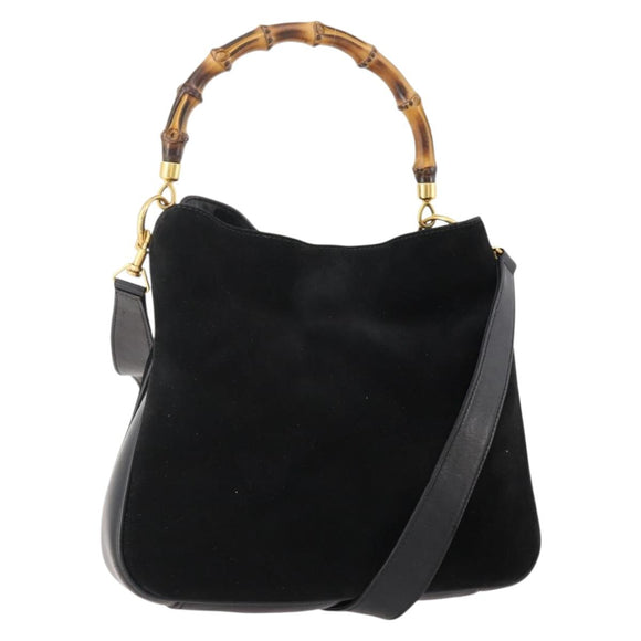 GUCCI Bamboo Shoulder Bag Suede 2way Black Gold 001 2404 1638 0 Auth 180224