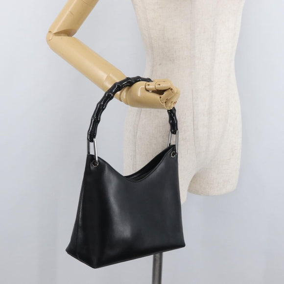 GUCCI Bamboo Shoulder Bag Leather Black Silver Auth 180226