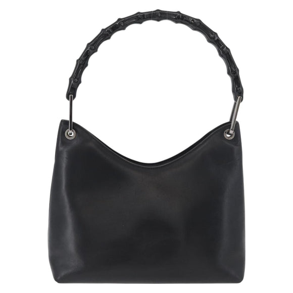GUCCI Bamboo Shoulder Bag Leather Black Silver Auth 180226
