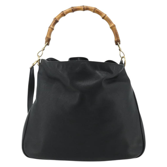 GUCCI Bamboo Shoulder Bag Leather 2way Black Gold 001 1577 Auth 180230