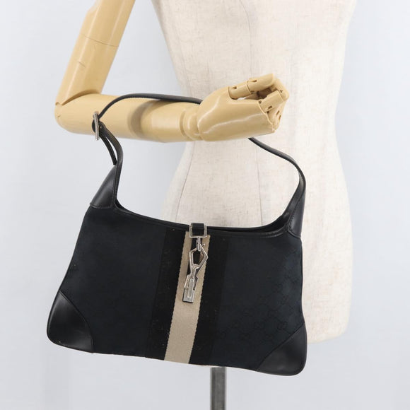 GUCCI GG Canvas Jackie Shoulder Bag Black Silver 001 4057 Auth 180233