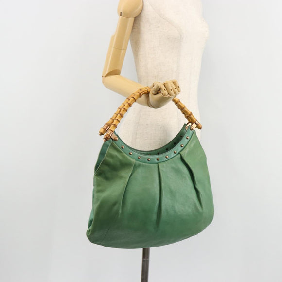 GUCCI Bamboo Shoulder Bag Leather Green Gold 124293 Auth 180305A