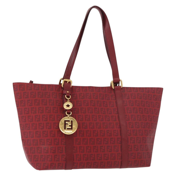 FENDI Zucchino Canvas Tragetasche PVC Rot Gold Auth 180357A