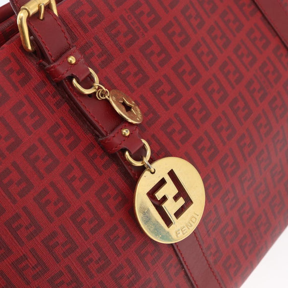 FENDI Zucchino Canvas Tragetasche PVC Rot Gold Auth 180357A