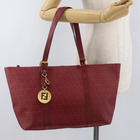 FENDI Zucchino Canvas Tragetasche PVC Rot Gold Auth 180357A