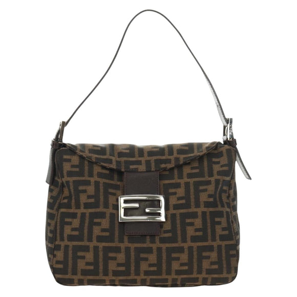 FENDI Zucca Canvas Mamma Baguette Schoudertas Zwart Bruin Auth 180431SAV