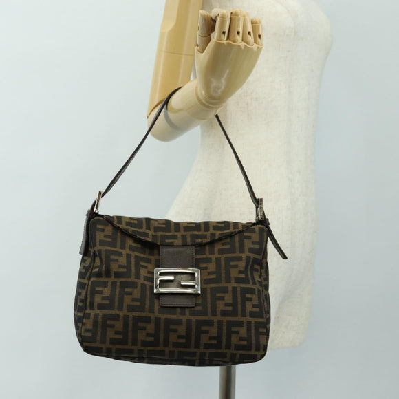 FENDI Zucca Canvas Mamma Baguette Schoudertas Zwart Bruin Auth 180431SAV