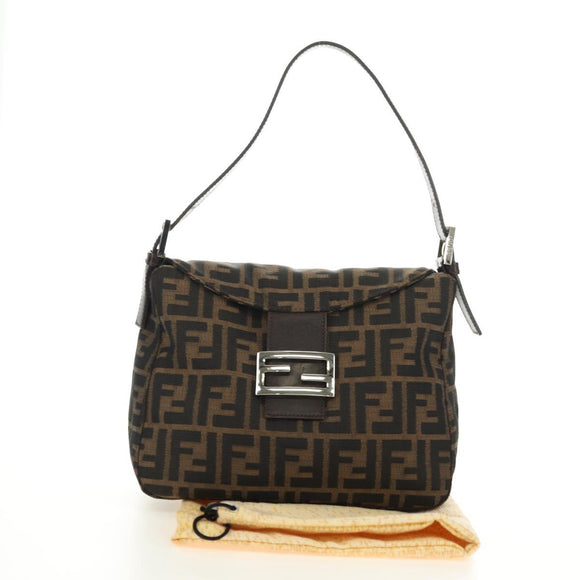 FENDI Zucca Canvas Mamma Baguette Schoudertas Zwart Bruin Auth 180431SAV