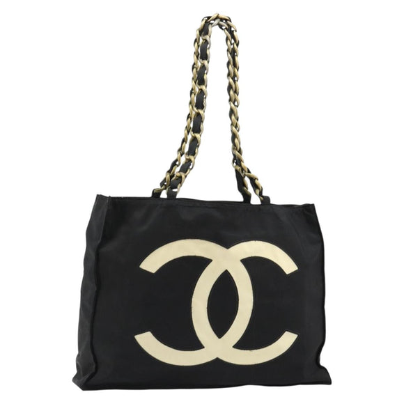 CHANEL Chain Shoulder Tote Bag Nylon Black Gold CC Auth 180433A