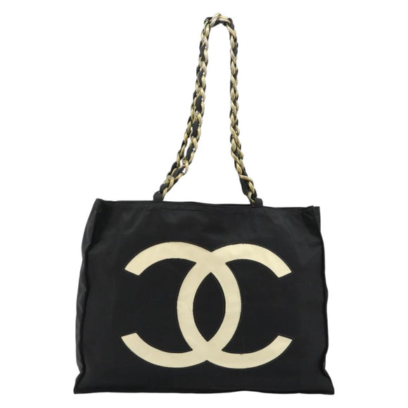 CHANEL Chain Shoulder Tote Bag Nylon Black Gold CC Auth 180433A