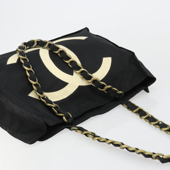 CHANEL Chain Shoulder Tote Bag Nylon Black Gold CC Auth 180433A