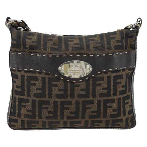 FENDI Zucca Canvas Celeria Shoulder Bag Black Brown Auth 180477