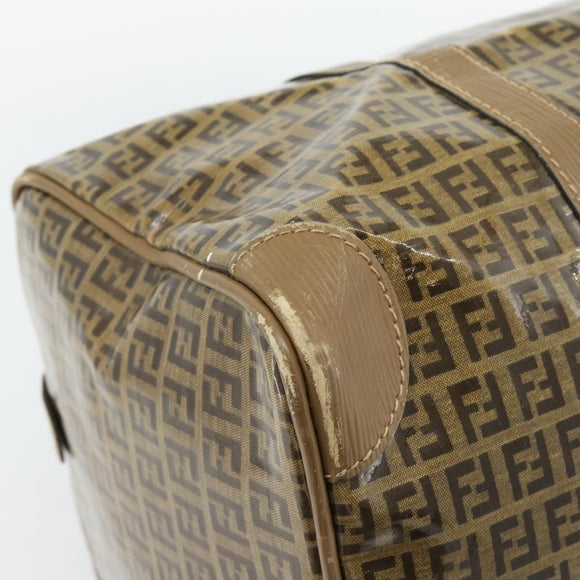 FENDI Zucchino Canvas Boston Tas Gecoat Canvas Beige Goud Auth 180478