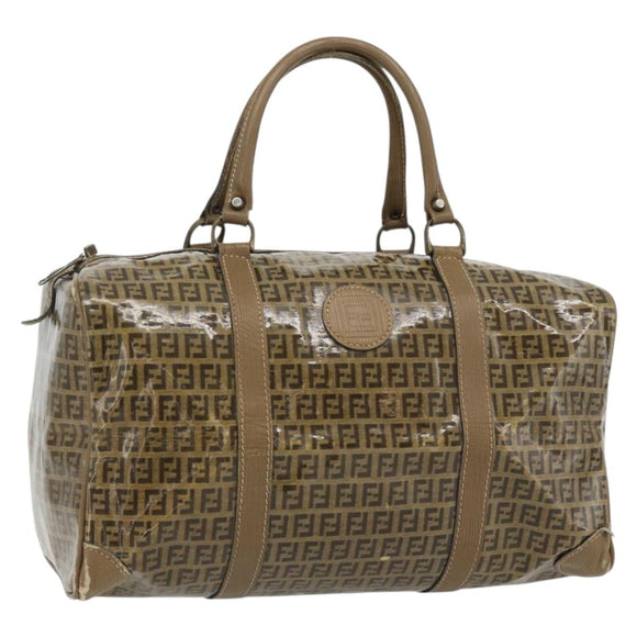 FENDI Zucchino Canvas Boston Tas Gecoat Canvas Beige Goud Auth 180478