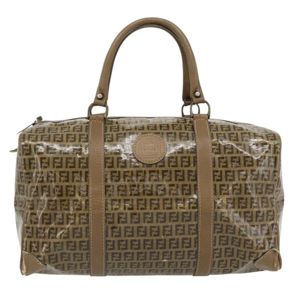 FENDI Zucchino Canvas Boston Tas Gecoat Canvas Beige Goud Auth 180478
