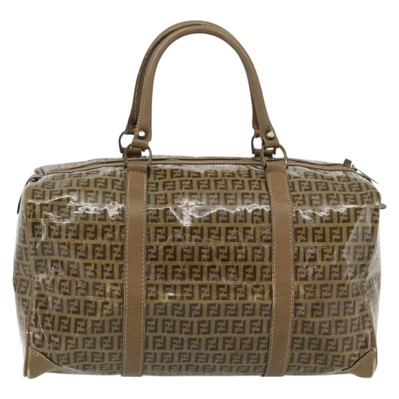 FENDI Zucchino Canvas Boston Tas Gecoat Canvas Beige Goud Auth 180478