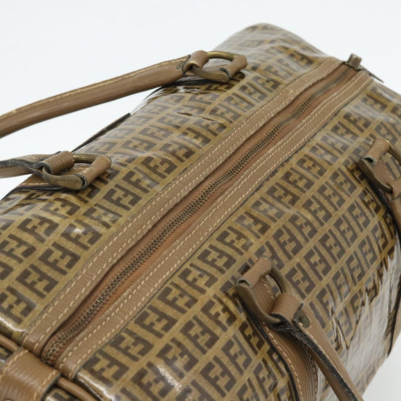 FENDI Zucchino Canvas Boston Tas Gecoat Canvas Beige Goud Auth 180478