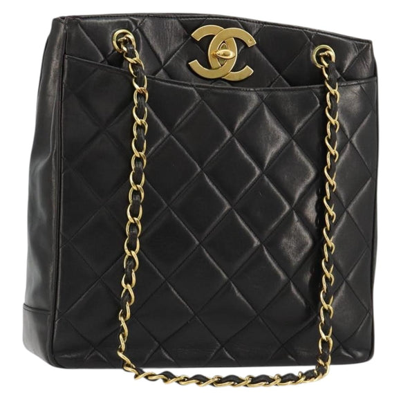 CHANEL Matelasse Chain Shoulder Bag Lamb Skin Black Gold CC Auth 180479SAV