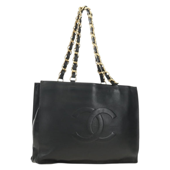 CHANEL Chain Tote Bag Leather Black Gold CC Auth 180487SAV