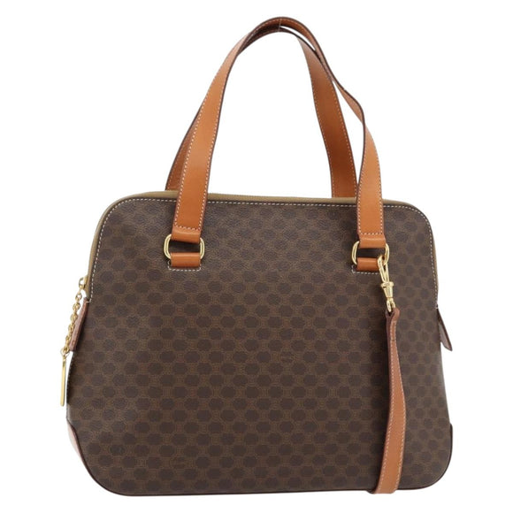 CELINE Macadam Canvas Handtas PVC Leer 2way Bruin Goud Auth 180489A