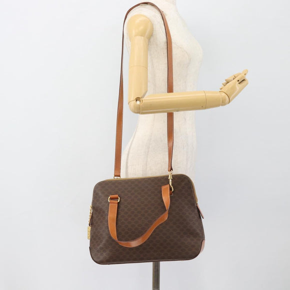 CELINE Macadam Canvas Handtas PVC Leer 2way Bruin Goud Auth 180489A