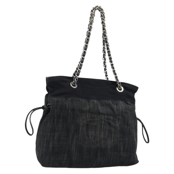 CHANEL COCO Markenkette Umhängetasche Denim Schwarz Silber CC Auth 180492SAV