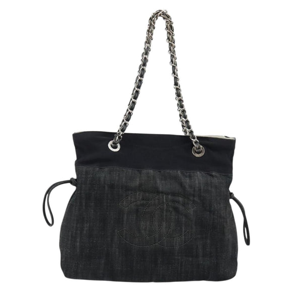 CHANEL COCO Markenkette Umhängetasche Denim Schwarz Silber CC Auth 180492SAV