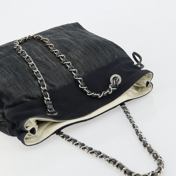 CHANEL COCO Markenkette Umhängetasche Denim Schwarz Silber CC Auth 180492SAV