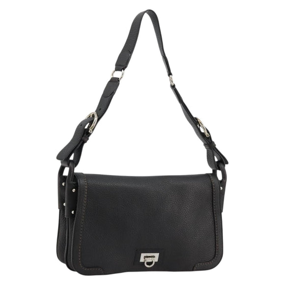 Salvatore Ferragamo Gancini Shoulder Bag Leather Black Silver Auth 180500A