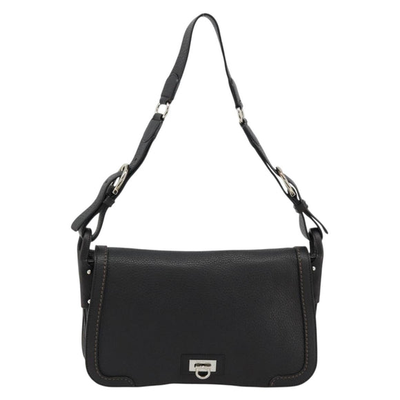 Salvatore Ferragamo Gancini Shoulder Bag Leather Black Silver Auth 180500A