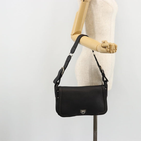 Salvatore Ferragamo Gancini Shoulder Bag Leather Black Silver Auth 180500A