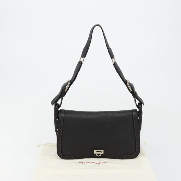 Salvatore Ferragamo Gancini Shoulder Bag Leather Black Silver Auth 180500A