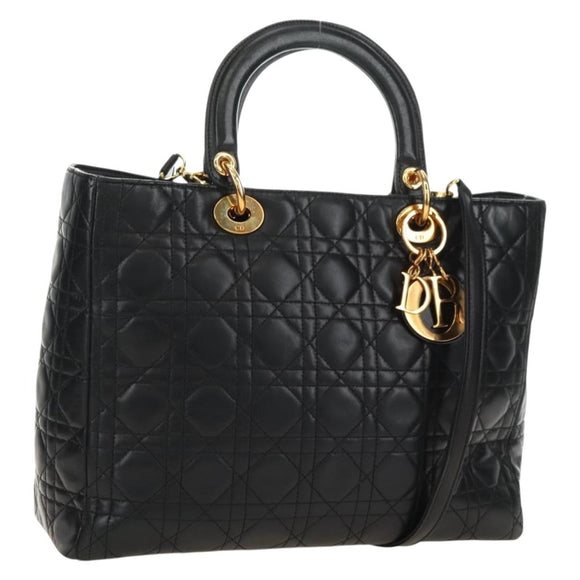 Christian Dior Canage Hand Bag Lamb Skin Black Gold Auth 180510SAM