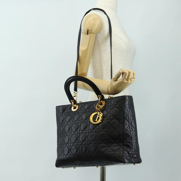Christian Dior Canage Hand Bag Lamb Skin Black Gold Auth 180510SAM