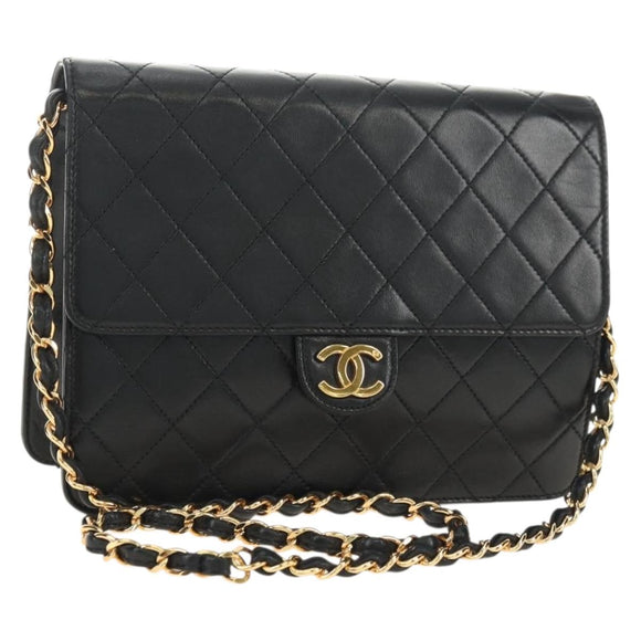 CHANEL Matelasse Chain Shoulder Bag Lamb Skin Black Gold CC Auth 180513SAM