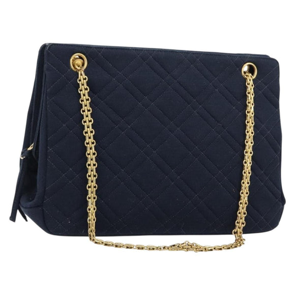 CHANEL Chain Shoulder Bag Cotton Navy Gold CC Auth 180590