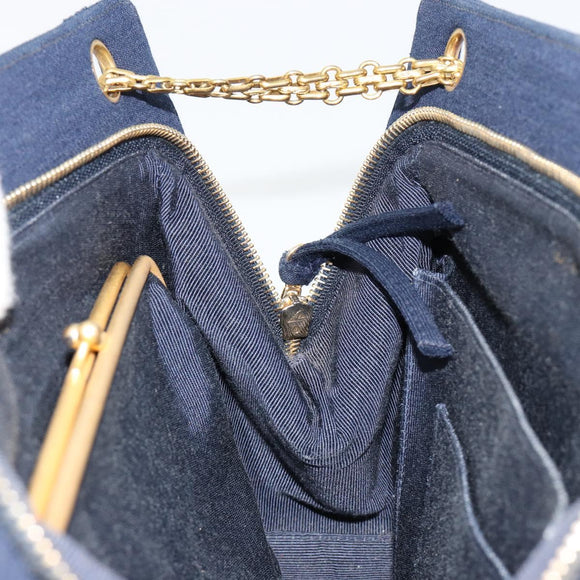 CHANEL Chain Shoulder Bag Cotton Navy Gold CC Auth 180590