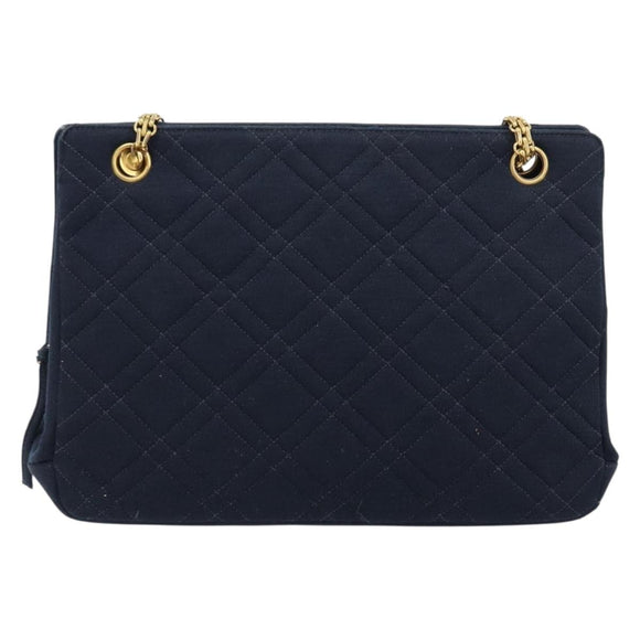 CHANEL Chain Shoulder Bag Cotton Navy Gold CC Auth 180590
