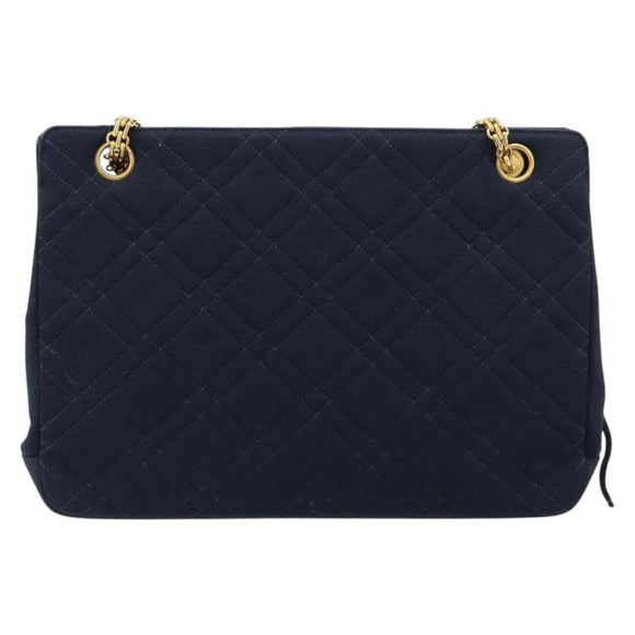 CHANEL Chain Shoulder Bag Cotton Navy Gold CC Auth 180590