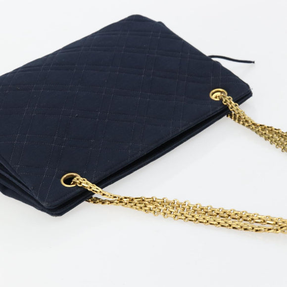 CHANEL Chain Shoulder Bag Cotton Navy Gold CC Auth 180590