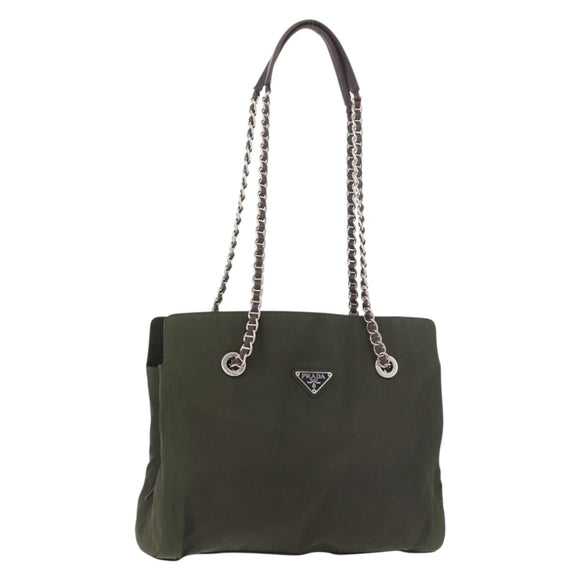 PRADA Chain Tote Bag Nylon Khaki Silver Auth 180596
