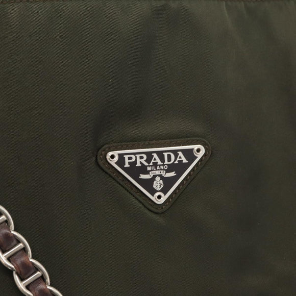 PRADA Chain Tote Bag Nylon Khaki Silver Auth 180596