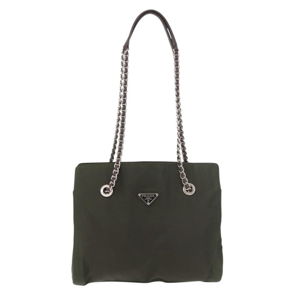 PRADA Chain Tote Bag Nylon Khaki Silver Auth 180596