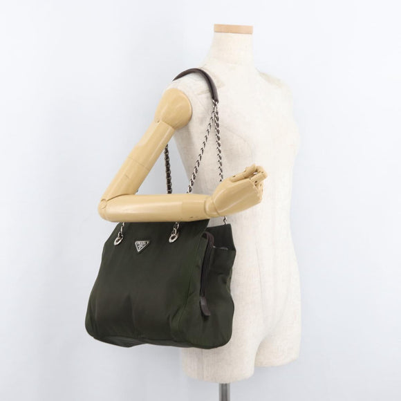 PRADA Chain Tote Bag Nylon Khaki Silver Auth 180596