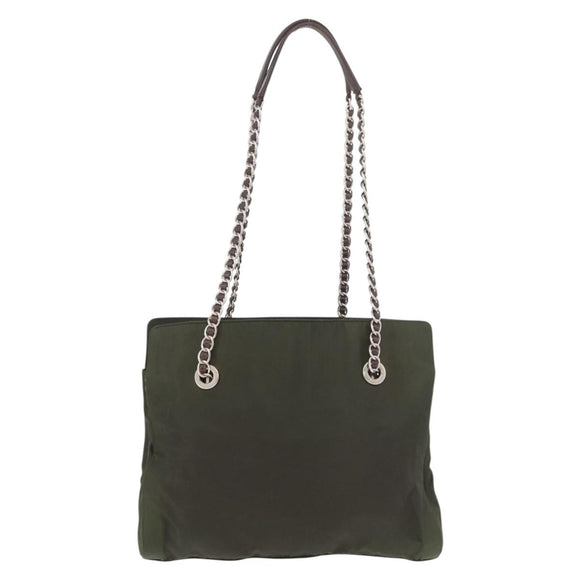PRADA Chain Tote Bag Nylon Khaki Silver Auth 180596