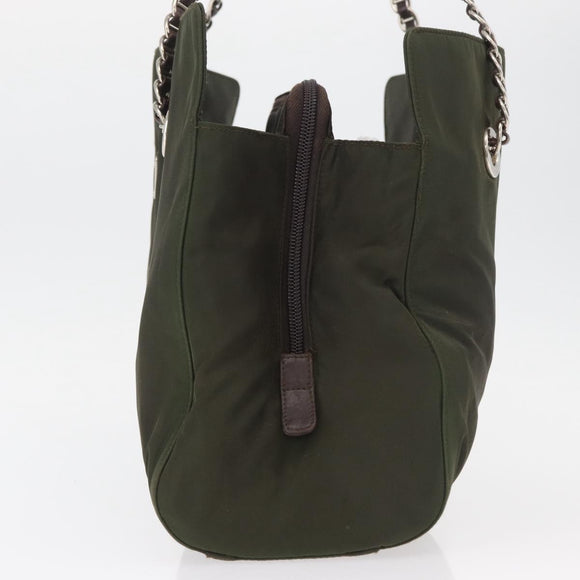 PRADA Chain Tote Bag Nylon Khaki Silver Auth 180596
