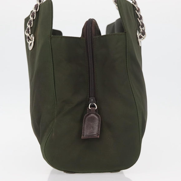 PRADA Chain Tote Bag Nylon Khaki Silver Auth 180596