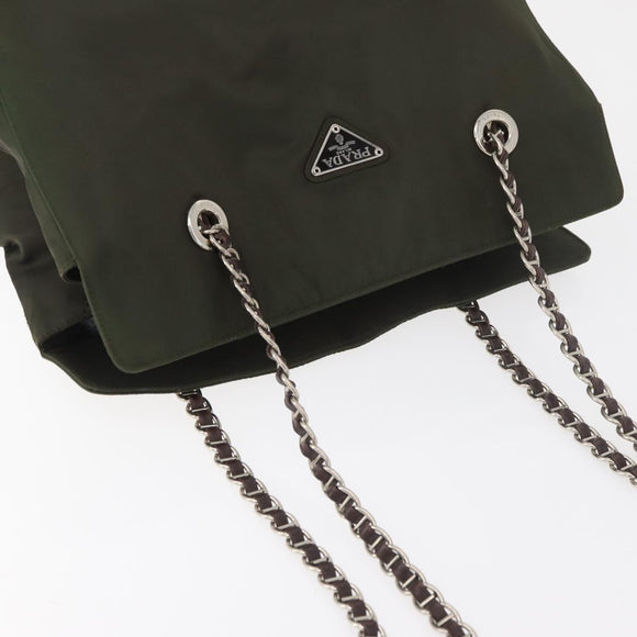 PRADA Chain Tote Bag Nylon Khaki Silver Auth 180596